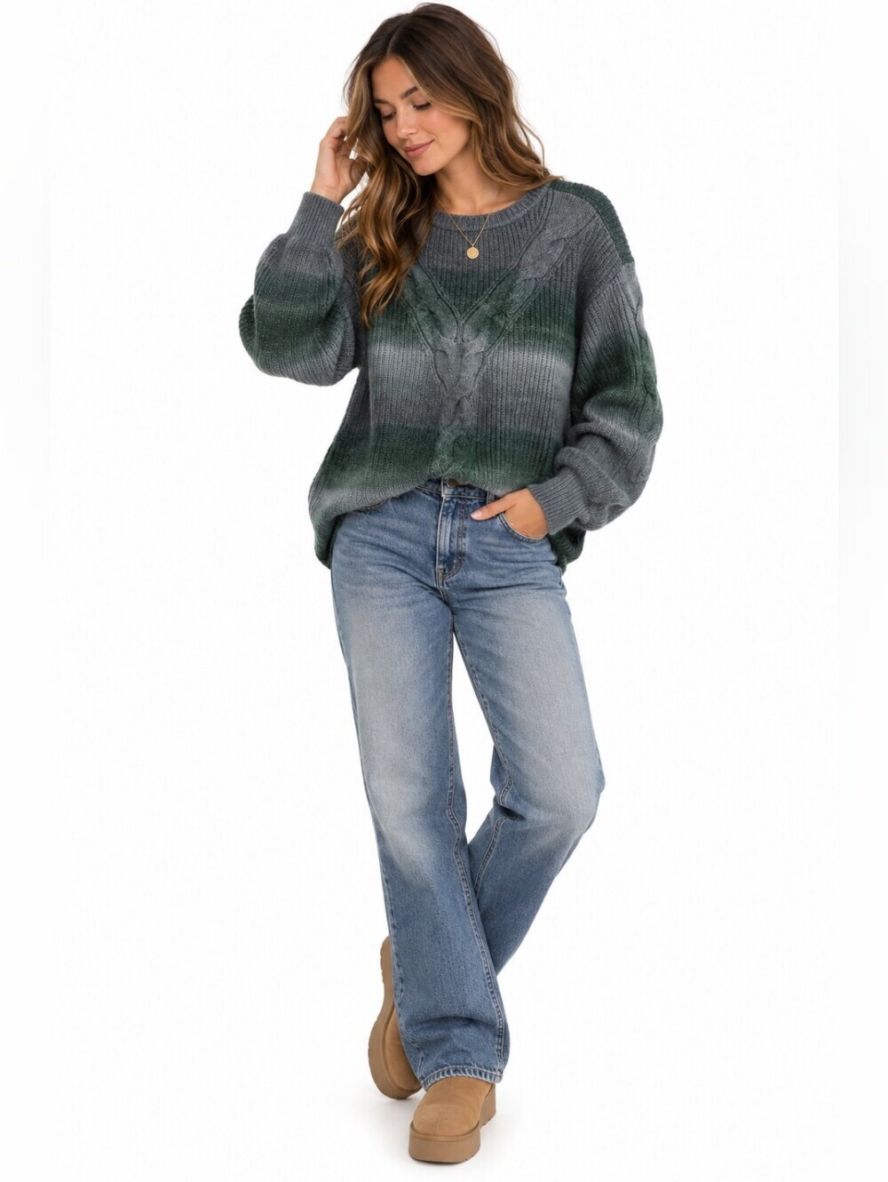 Women's LC Lauren Conrad Gray Green Ombre Cable Knit Crew Neck Sweater L